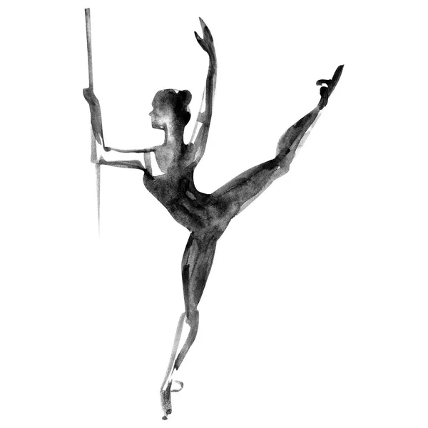 Ballerina im Tanz. Tintentänzer. Aquarell schwarz auf weißem Hintergrund. — Stockfoto