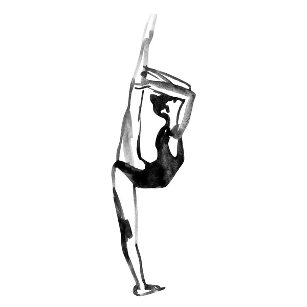 Bailarina em dança. Dançarina de tinta. Aquarela preta no fundo branco . — Fotografia de Stock