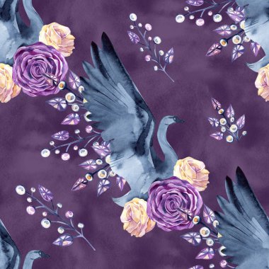 Hassas kuğular, tüyler, gül, takı çizilmiş suluboya ile Seamless Modeli