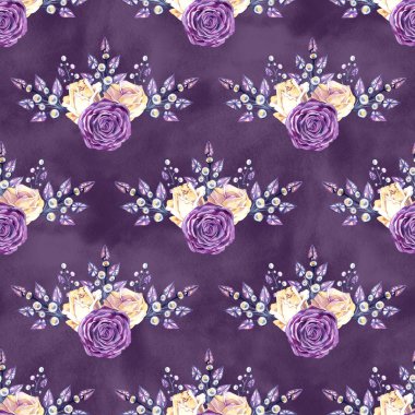 Pembe ve sarı güller, takı ve rhinestones sorunsuz doku deseninin. Antika arka plan.