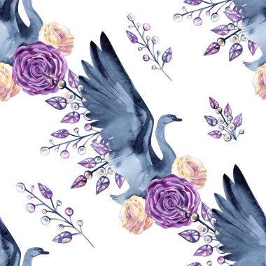 Hassas kuğular, tüyler, gül, takı çizilmiş suluboya ile Seamless Modeli