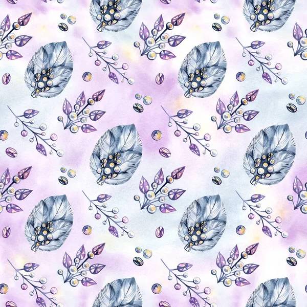 A seamless pattern painted with ink and watercolor of different colors with typical elements for the boho style, such as feathers, shells, flowers, splashes and spots and jewelery made of stones. — Stock Photo, Image