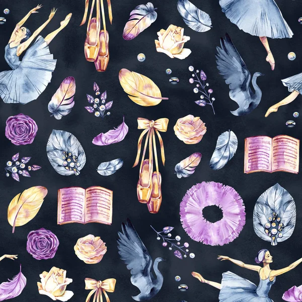 Watercolor seamless border patterns with little ballerinas, Pointe shoes, ballet accessories and flowers on white and color background.