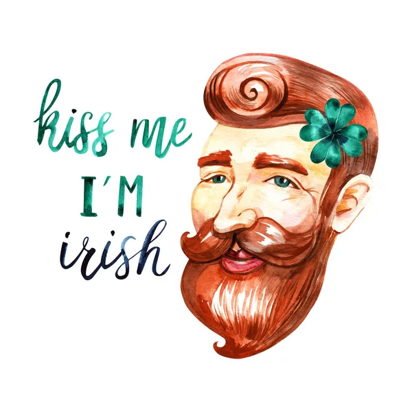 Hand-drawn watercolor smiling Irish man with a red beard.