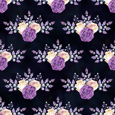 Pembe ve sarı güller, takı ve rhinestones sorunsuz doku deseninin. Antika arka plan.