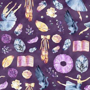 Sulu Boya Dikişsiz sınır desenleri küçük balerinler, Pointe ayakkabı, bale aksesuarları ve çiçeklerle beyaz ve renkli arka plan üzerinde.