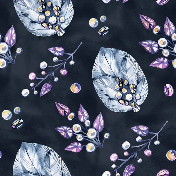 A seamless pattern painted with ink and watercolor of different colors with typical elements for the boho style, such as feathers, shells, flowers, splashes and spots and jewelery made of stones. — Stock Photo, Image