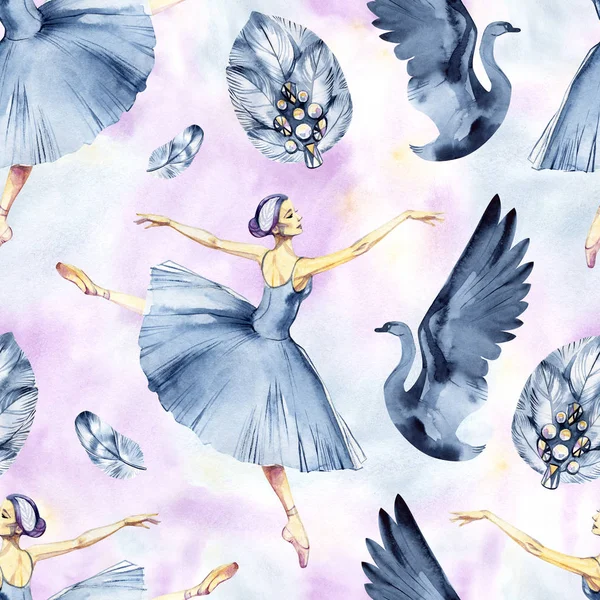 Balett sömlösa mönster med ballerina symboler: tutu, pointe, swan. Söt bakgrund för balettskola, dans klass inbjudan flyers och kort dekoration. Guld och rosa illustration på vit bakgrund. — Stockfoto