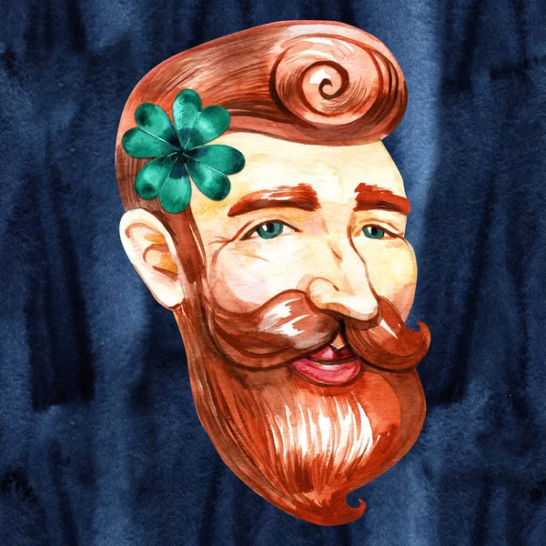 Ručně kreslené akvarel s úsměvem irského muž s červenou bradku. — Stock fotografie