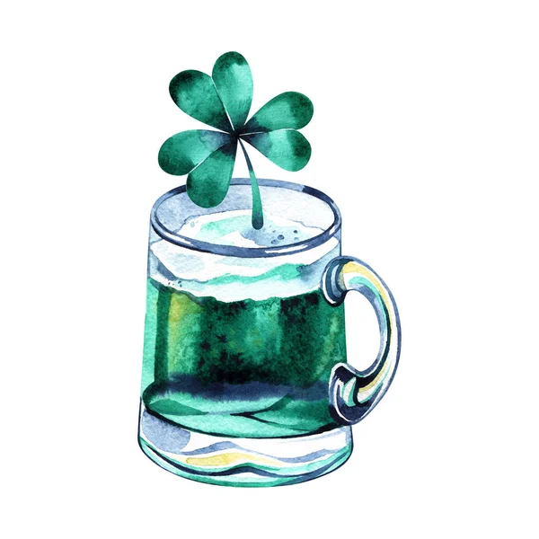 Taza de cerveza con cerveza verde para el día de San Patricio. Acuarela con salpicaduras, gotas para vacaciones irlandesas — Foto de Stock