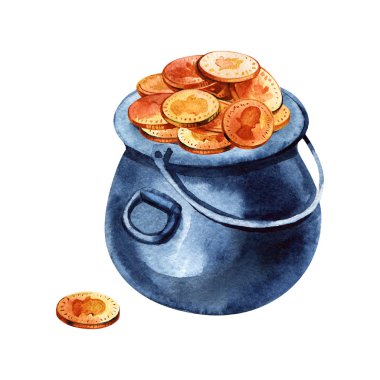 Pot altın ve yeşil sulu boya lekesi. St Patricks Günü için vintage tebrik kartı.