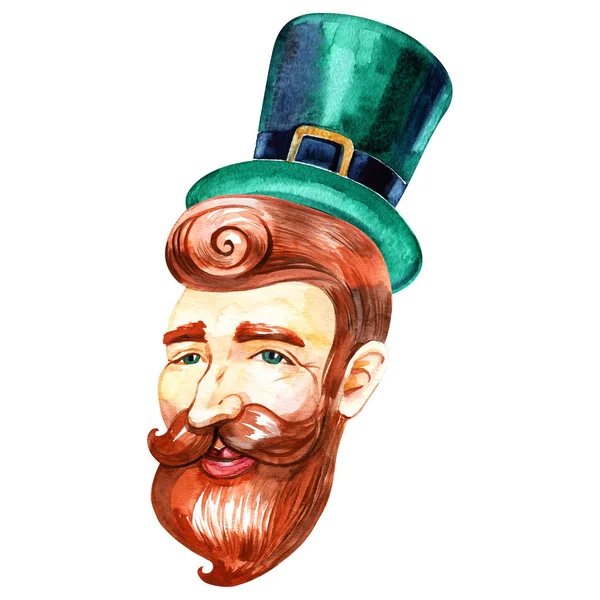 Ręcznie rysowane akwarela uśmiechający się irlandzki człowiek z czerwoną brodą w zielonym kapeluszu. Na białym tle — Zdjęcie stockowe