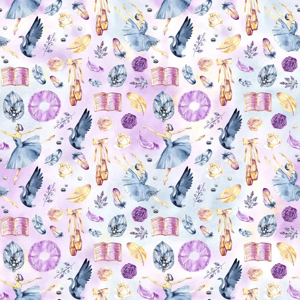 Watercolor seamless border patterns with little ballerinas, Pointe shoes, ballet accessories and flowers on white and color background.