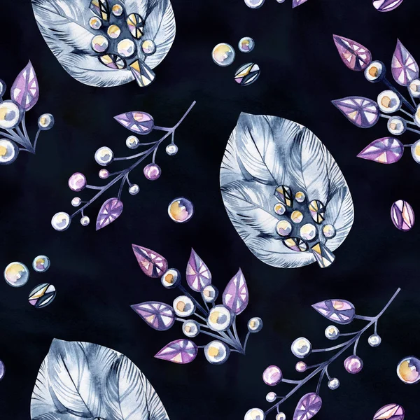 A seamless pattern painted with ink and watercolor of different colors with typical elements for the boho style, such as feathers, shells, flowers, splashes and spots and jewelery made of stones. — Stock Photo, Image