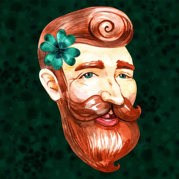 Ručně kreslené akvarel s úsměvem irského muž s červenou bradku v zeleném klobouku. Izolované na bílém pozadí — Stock fotografie
