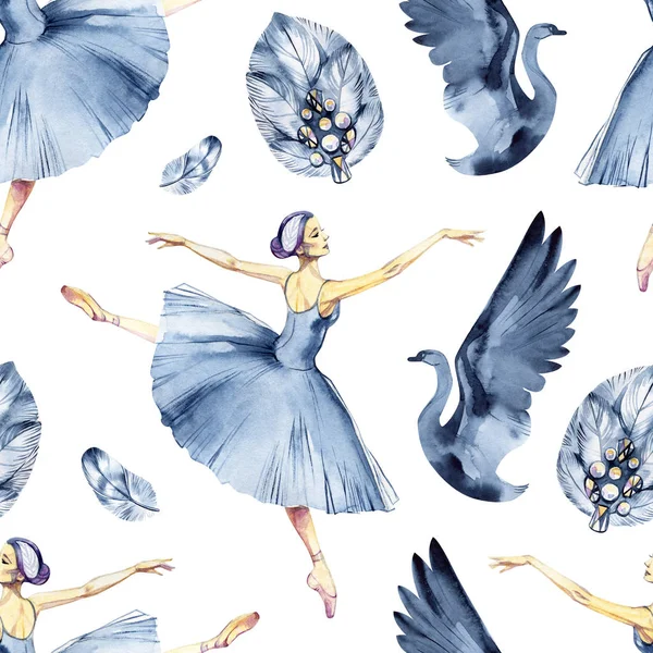 Balett sömlösa mönster med ballerina symboler: tutu, pointe, swan. Söt bakgrund för balettskola, dans klass inbjudan flyers och kort dekoration. Guld och rosa illustration på vit bakgrund. — Stockfoto