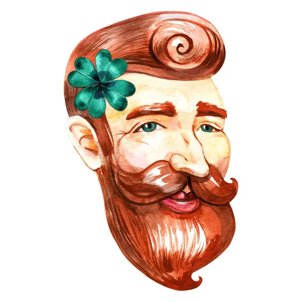 Ručně kreslené akvarel s úsměvem irského muž s červenou bradku. — Stock fotografie