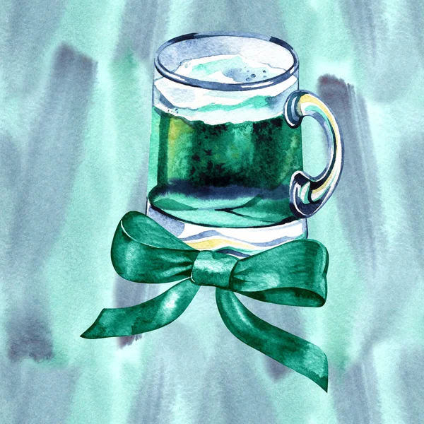 Taza de cerveza con cerveza verde para el día de San Patricio. Acuarela con salpicaduras, gotas para vacaciones irlandesas — Foto de Stock