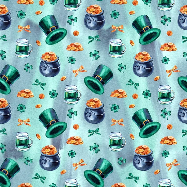 Fundo sem costura com símbolos do Dia de St. Patricks. Padrão de férias . — Fotografia de Stock