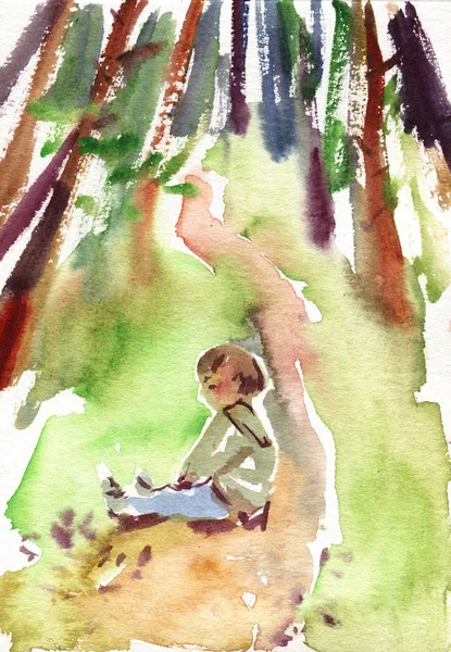 Акварель. Ребенок в лесу . — стоковое фото