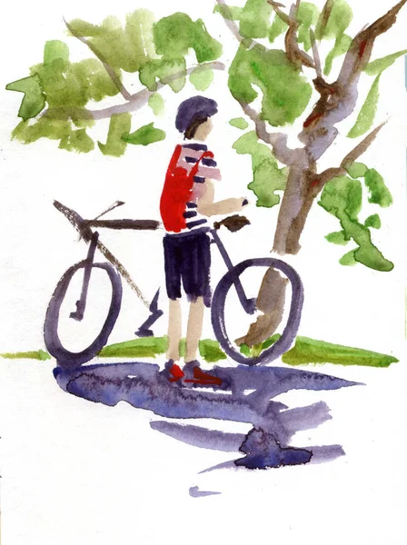 Digital watercolor painting of a man on a bicycle riding on a bike.