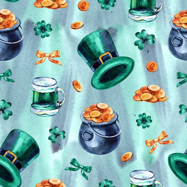 Fondo sin costuras con los símbolos del Día de San Patricio. Patrón de vacaciones . — Foto de Stock