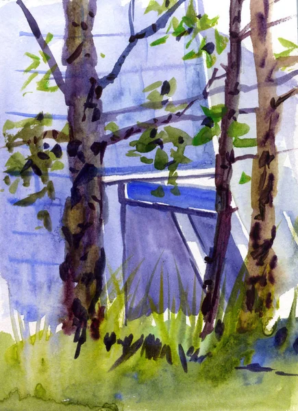 City Landscape. Watercolor sketch. Trees in the city Park