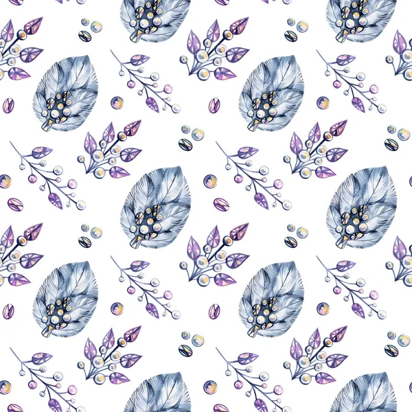 A seamless pattern painted with ink and watercolor of different colors with typical elements for the boho style, such as feathers, shells, flowers, splashes and spots and jewelery made of stones. — Stock Photo, Image