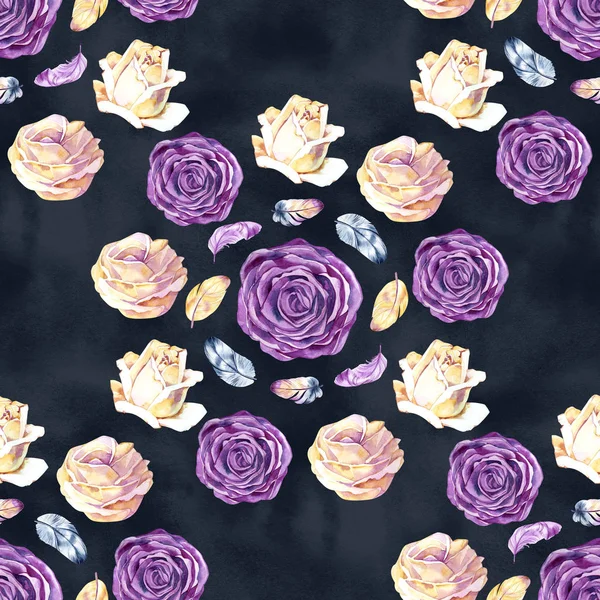 Nahtloses Aquarellmuster mit Blütenrose und Federn. Vintage nahtlose Muster mit Rose. Aquarellfarbe. Federmuster für Tapetendesign. Aquarell nahtloser Hintergrund. — Stockfoto