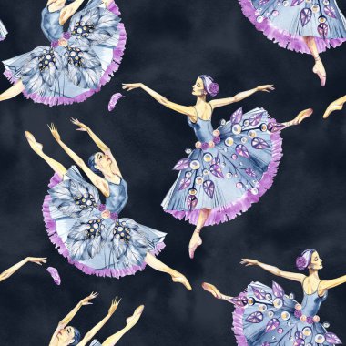Dikişsiz desen bale dansçıları, suluboya resim. Kullanılabilmesi için kartı, kartpostal, kapak, davet, düğün kartı, anneler günü kartı, doğum günü kartı, poster, yazdırma için.