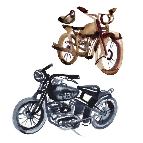 Szkic starych motocykli w stylu vintage. Ręka rysunku akwareli i tuszu. Na białym tle — Zdjęcie stockowe
