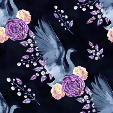 Hassas kuğular, tüyler, gül, takı çizilmiş suluboya ile Seamless Modeli