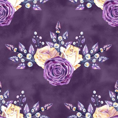 Pembe ve sarı güller, takı ve rhinestones sorunsuz doku deseninin. Antika arka plan.