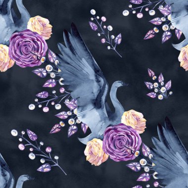 Hassas kuğular, tüyler, gül, takı çizilmiş suluboya ile Seamless Modeli