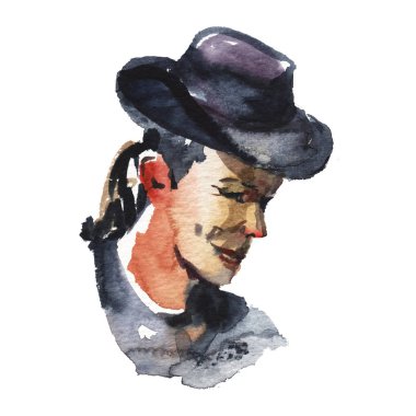 Uzun saçlı, kovboy şapkalı bir adam. Suluboya illüstrasyon