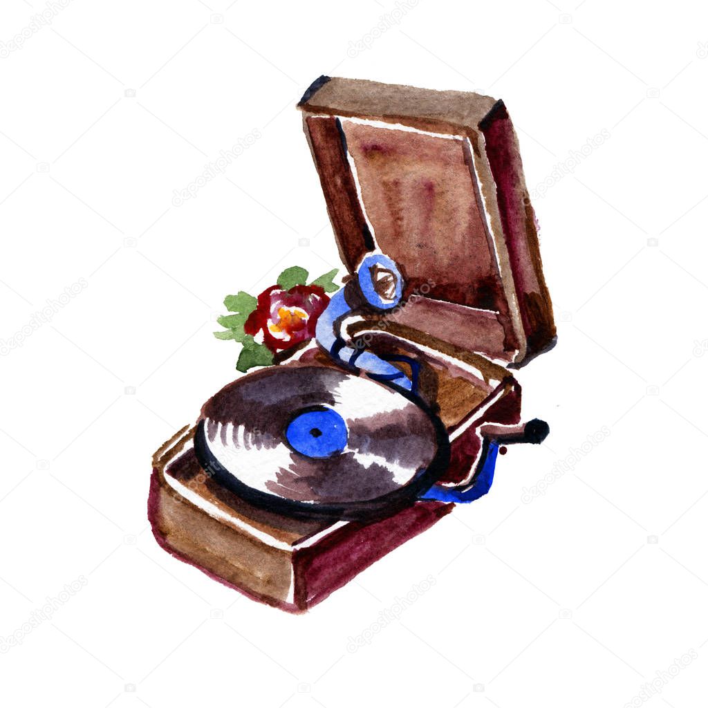 Watercolor vintage gramophone isolated on white background. Retro musical instruments