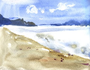 Watercolor river nature landscape on white background. Sketch illustration. clipart