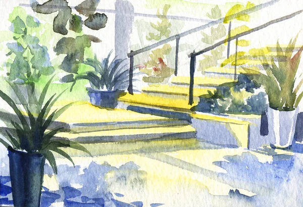 Belle partie de l'intérieur avec plus de plantes de maison. Illustration raster aquarelle dessinée à la main avec jungle urbaine pour votre design tendance . — Photo