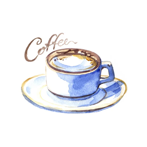 Isolated watercolor illustrated hot coffee in a white porcelain cup from above top view with coffee calligraphic lettering. — Stock Photo, Image