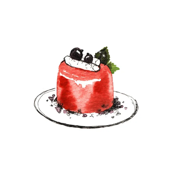 Dulce postre, tarta con jalea y bayas. Ilustración en acuarela —  Fotos de Stock