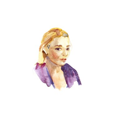 Güzel kadın yüz portre suluboya taslak çizim tarzı illüstrasyon.