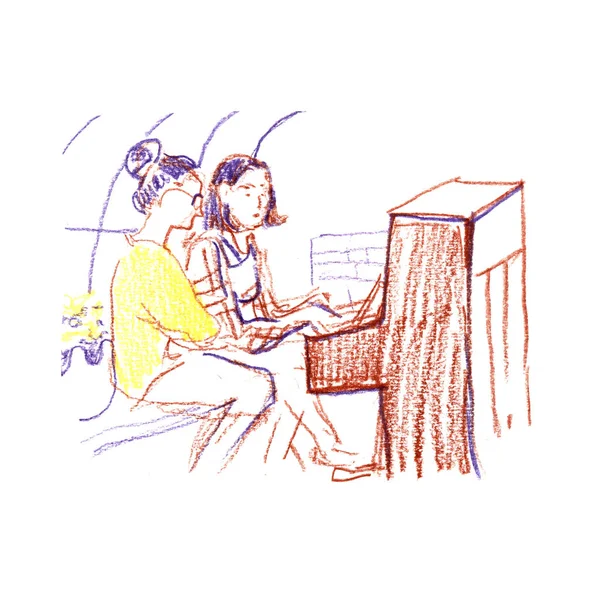 Рисунок двух женщин, играющих на фортепиано, на белом фоне — стоковое фото