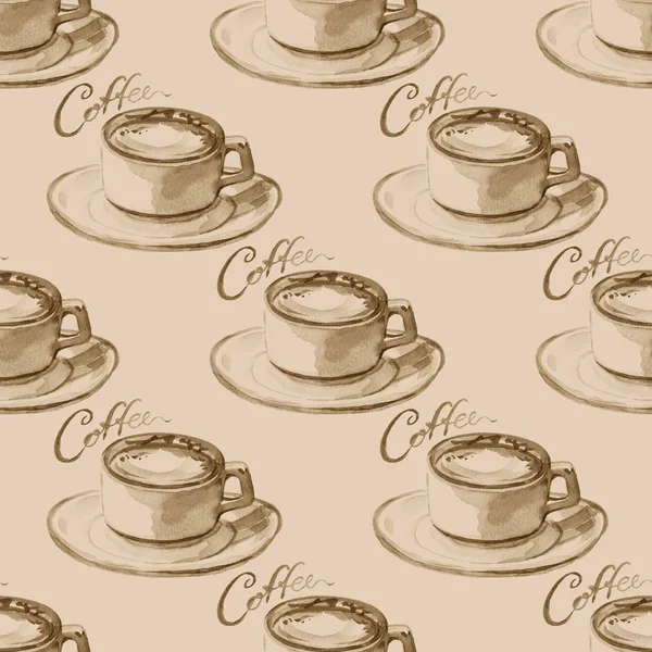 Patrón sin costuras con acuarela pintada a mano taza de café. Fondo de bebida en color marrón pastel perfecto para el diseño de menús y textiles de tela — Foto de Stock