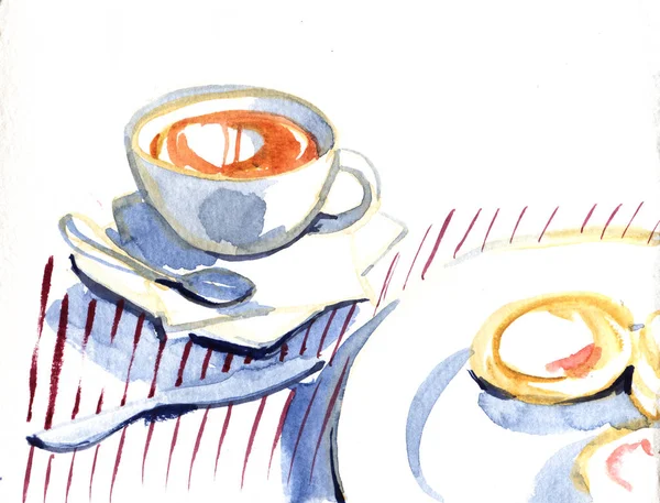 Aquarell handgezeichnete Tasse Kaffee mit französischen Crêpes, Pfannkuchen leckeres Frühstück, Food Design, Illustration auf weißem Hintergrund. — Stockfoto