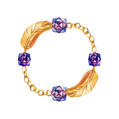 Altın zincir kemerler bir suluboya tarzı arka planda glamour illüstrasyon. Giysi aksesuarları trendy vogue kıyafet ayarlayın. Suluboya çizim moda aquarelle. Çerçeve kenarlık süsü.