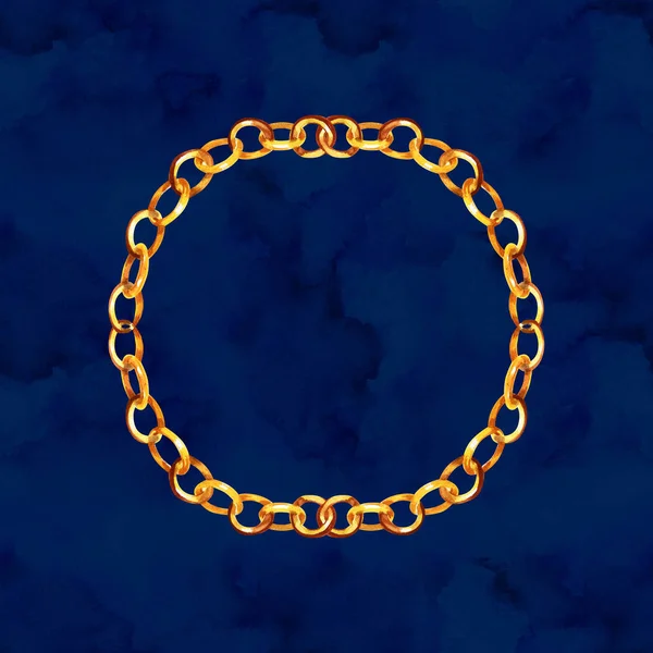 Altın zincir kemerler bir suluboya tarzı arka planda glamour illüstrasyon. Giysi aksesuarları trendy vogue kıyafet ayarlayın. Suluboya çizim moda aquarelle. Çerçeve kenarlık süsü.