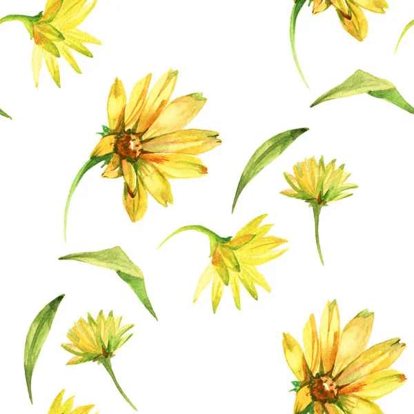 Modello senza cuciture con fiori gialli. Illustrazione disegnata a mano ad acquerello isolata su sfondo bianco . — Foto Stock