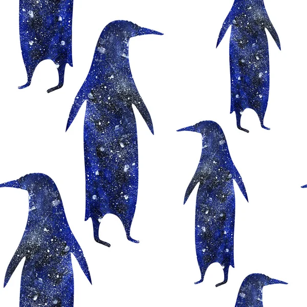 Ilustracja pingwina w przestrzeni. Bezszwowy wzór — Zdjęcie stockowe