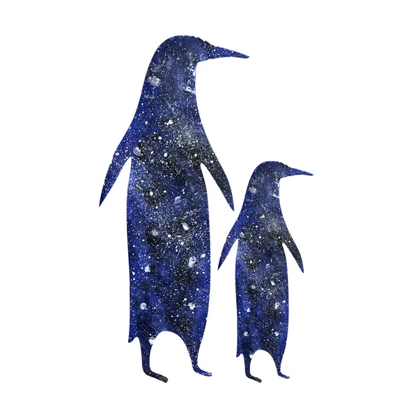 Pinguïn met baby geïsoleerd in witte kunst illustratie dieren familie vogels Antarctische wilde kinderen ouders sneeuw liefde tederheid zorg strelen bescherming — Stockfoto