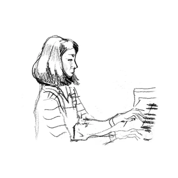 흰색 배경에 피아노를 연주하는 소녀의 예술 그림 — 스톡 사진